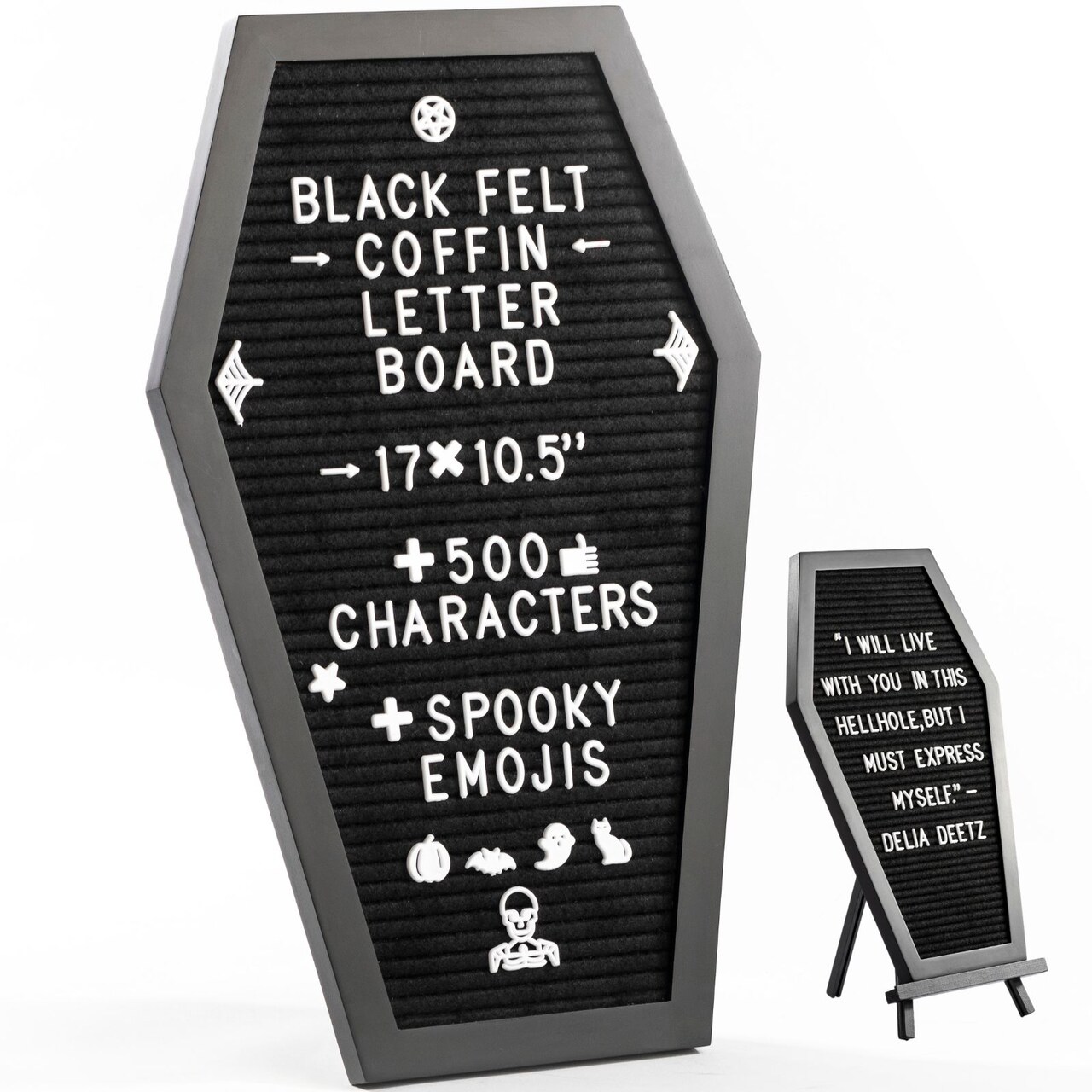 Coffin Letter Board with Spooky Emojis, +500 Characters, Wooden Stand - Halloween Decorations Halloween Decor Halloween Gifts - 17x10.5 Inches